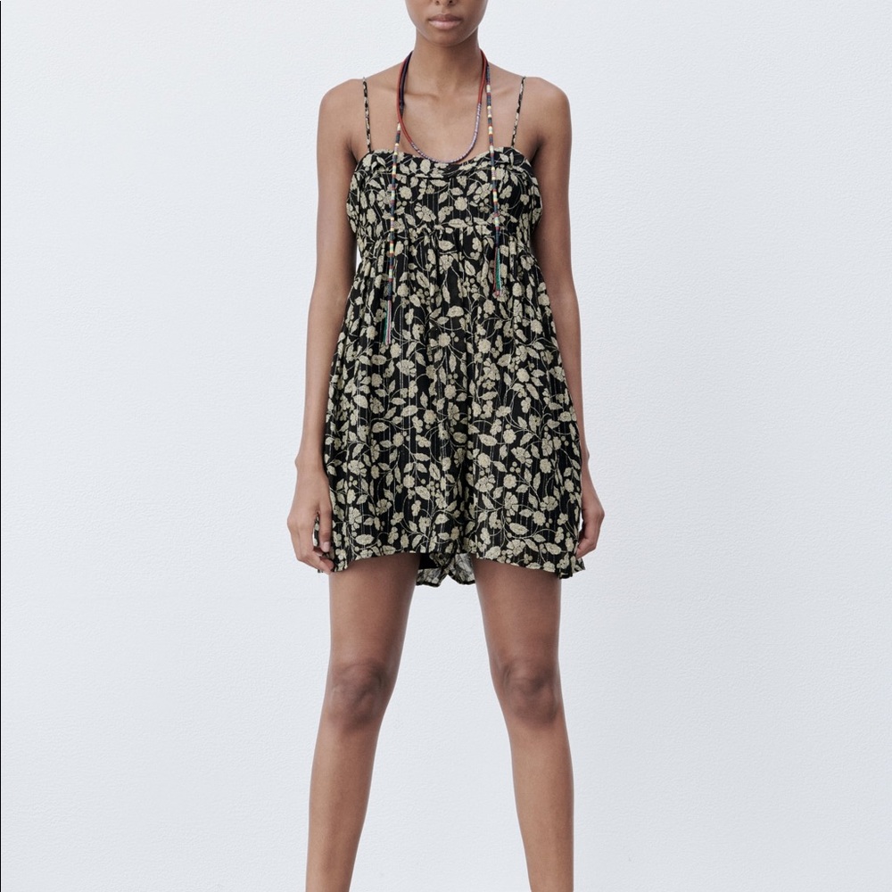 Zara black leaf printed jumpsuit with gold metallic thread